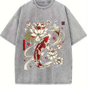 Koi Fish and Lotus Vintage Washed T-Shirt in Gray