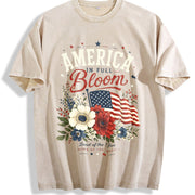 America Bloom Patriotic Floral Flag 4th of July Flowers Vintage Washed T-Shirt in Beige