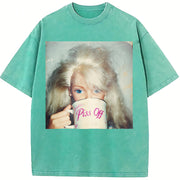 Creepy Doll Coffee Vintage Washed T-Shirt in Blue
