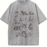 Cats Retro 90s Tattoo Vintage Washed T-Shirt in Gray
