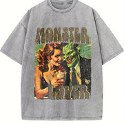 Retro Monster Lover 90s Vintage Washed T-Shirt in Gray