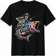 Fishing Skeleton Hunting Flag Cotton T-Shirt in Black