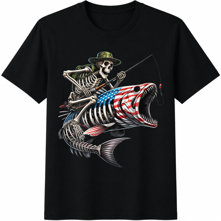 Fishing Skeleton Hunting Flag Cotton T-Shirt in Black