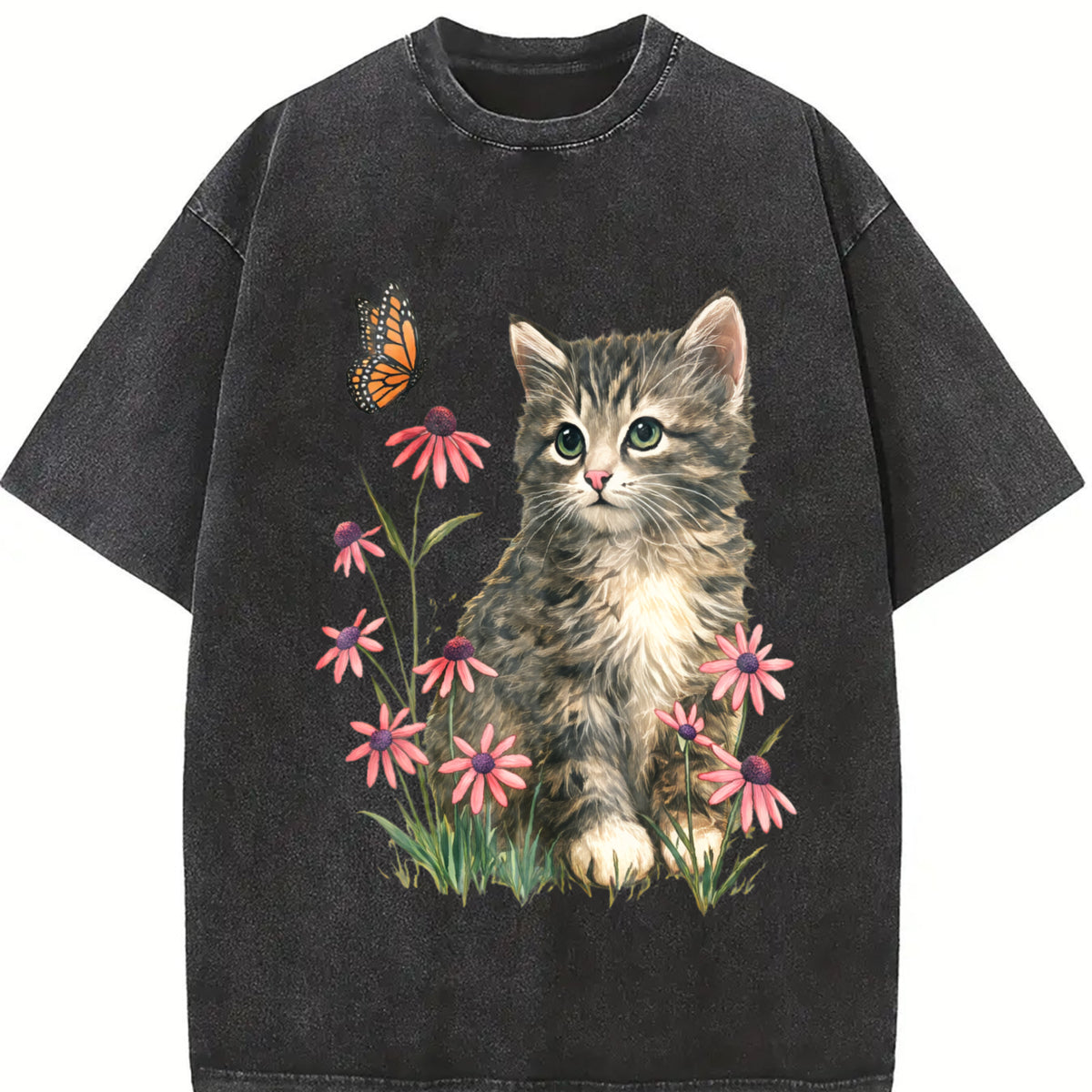 Kitten Cute Cat & Butterfly Floral Vintage Washed T-Shirt in Black