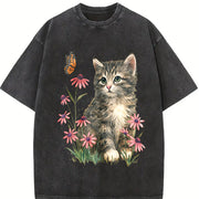 Kitten Cute Cat & Butterfly Floral Vintage Washed T-Shirt in Black