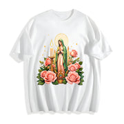 Mexican-inspired Our of Guadalupe & Pink Roses Cotton T-Shirt in White