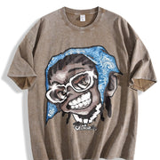 Hip Hop Cartoon Character Sleeveless Tank Vintage Washed T-Shirt in Brown