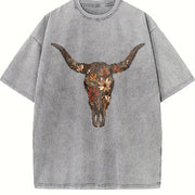 Brushstroke Floral Western Cow Skull Cowboy Graphics Vintage Washed T-Shirt in Gray
