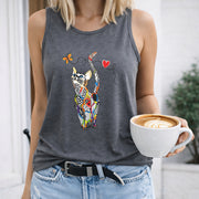 Colorful Cat with Butterfly and Heart Crew-neck Sleeveless Women's Color Cotton Tank Top in Gray