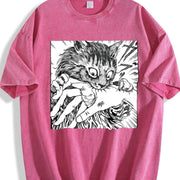 Cat Bite Japanese Horror Anime Vintage Washed T-Shirt in Red