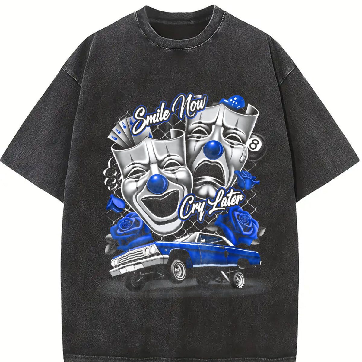Short-sleeve Blue Smile Now Cry Later Silk Screen Vintage Washed T-Shirt in Black