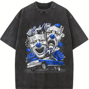 Short-sleeve Blue Smile Now Cry Later Silk Screen Vintage Washed T-Shirt in Black