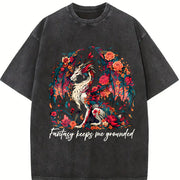 Dragon in a Bouquet of Flowers Vintage Washed T-Shirt in Black