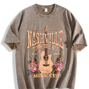 Music City Floral Guitar Vintage Washed T-Shirt in Brown