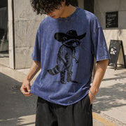 Raccoon Cowboy Western Cowgirl Vintage Washed T-Shirt in Blue