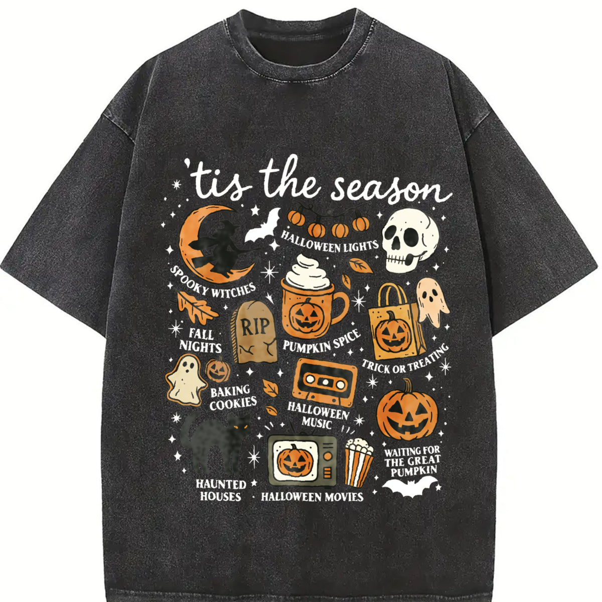 Spooky Season Halloween Vintage Washed T-Shirt in Black