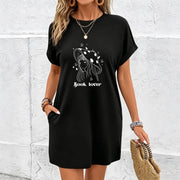 Long-haired Wearing a Mushroom Hat and Book Lover Letter Cotton T-Shirt in Black