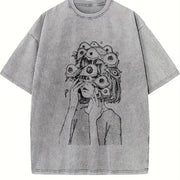 Distressed Short-sleeved American Retro Vintage Washed T-Shirt in Gray