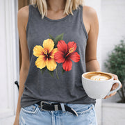 Hibiscus Flowers Women's Color Cotton Tank Top in Gray
