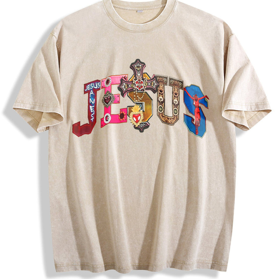 Jesus Colorful Cross & Gem Cropped Vintage Washed T-Shirt in Beige