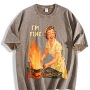 I’m Fine Retro Housewife Vintage Washed T-Shirt in Brown