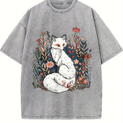 Luokeren Retro Floral Fox Vintage Washed T-Shirt in Gray
