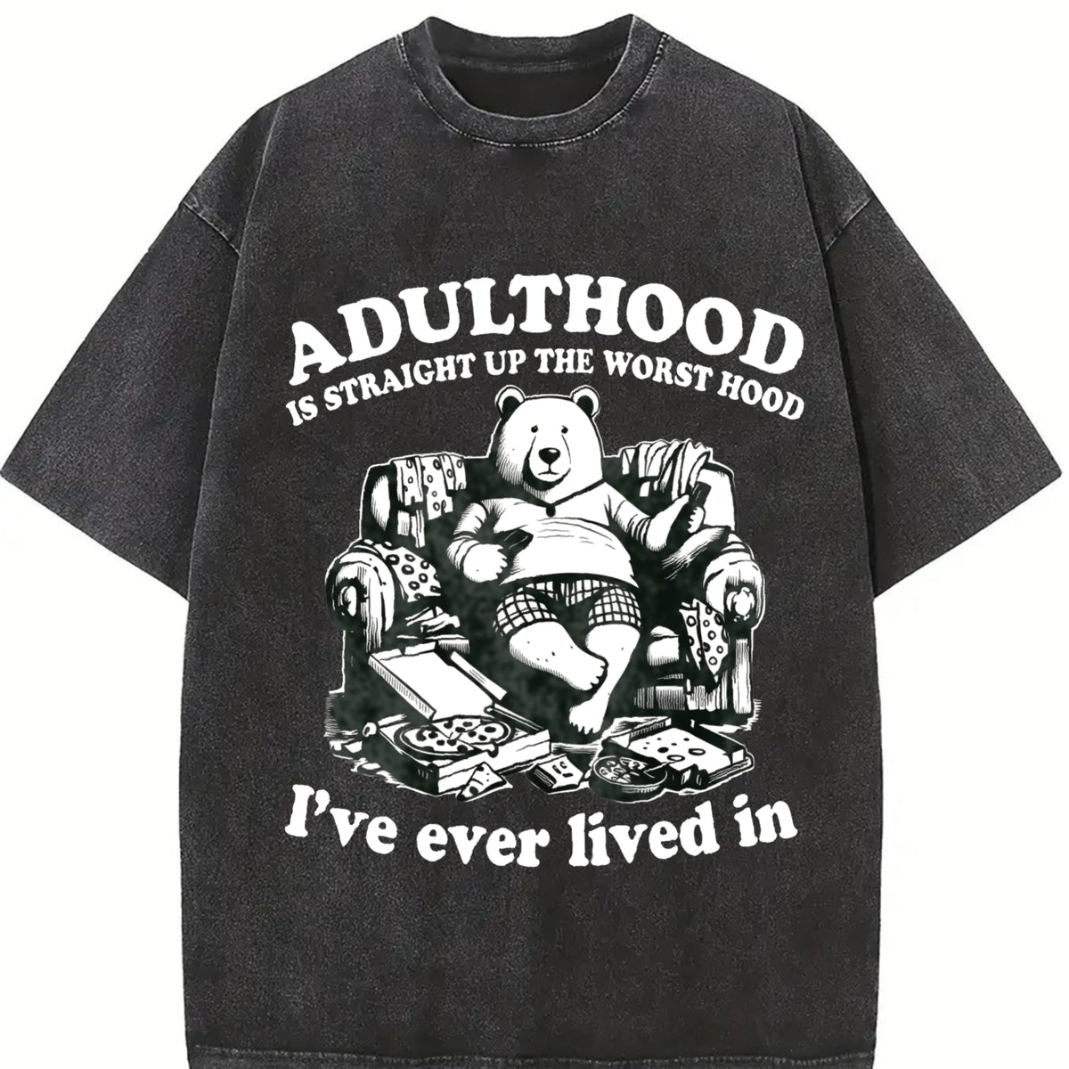 Retro Bear Adulthood 90s Vintage Washed T-Shirt in Black
