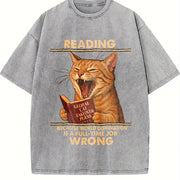 Cat Reading Retro Cat Vintage Washed T-Shirt in Gray