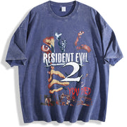 Resident Evil 2 You Died horror Game soft game movie game vintage washed oversized T-shirt in Blue