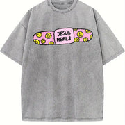 Jesus Heals Christian Based Vintage Washed T-Shirt in Gray