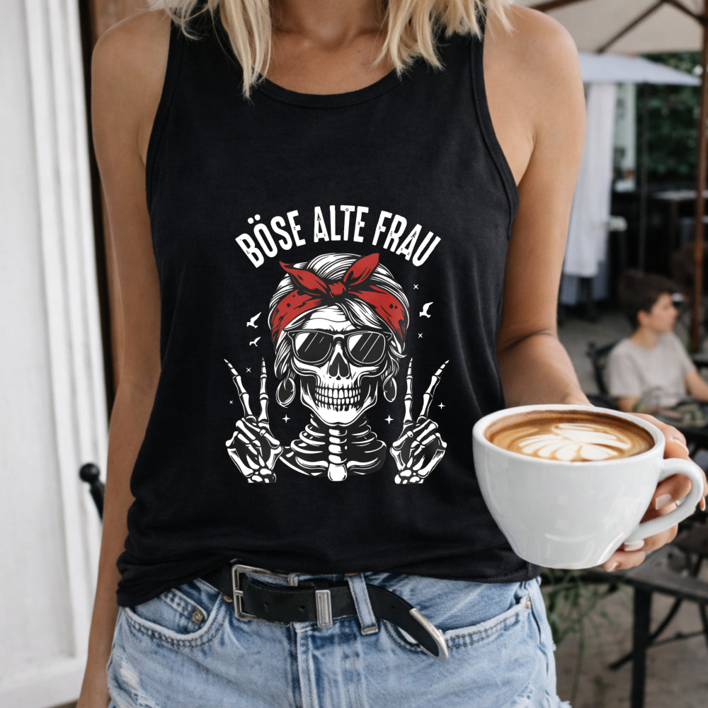 Sleeveless Racer Vest with Glasses-wearing Skeleton Women's Color Cotton Tank Top in Black