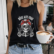 Sleeveless Racer Vest with Glasses-wearing Skeleton Women's Color Cotton Tank Top in Black