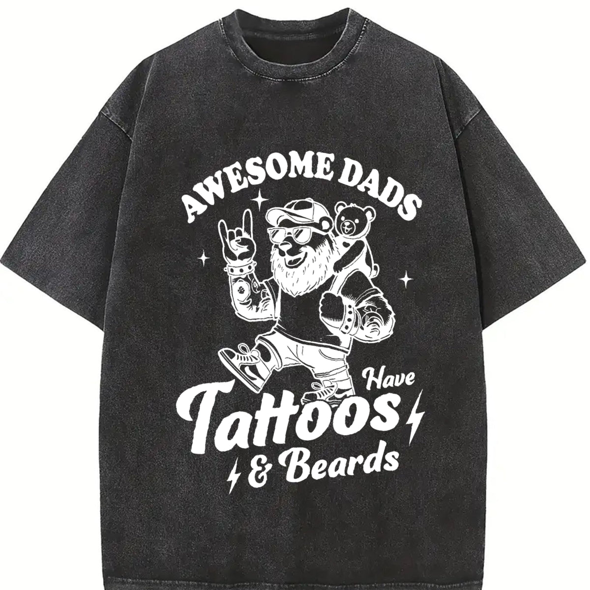 Retro Awesome Dad Have Tattoos and Beards Vintage Washed T-Shirt in Black