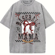 Retro Baseball Mama Checkered Vintage Washed T-Shirt in Gray