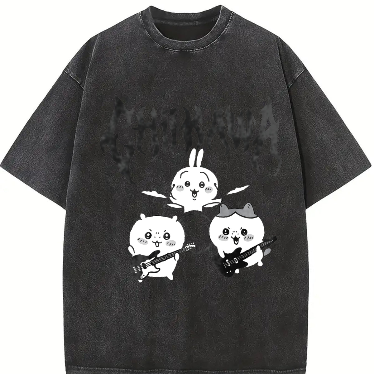 Heavy Metal Chiikawa Usagi Hachiware Hip Hop Festive vintage washed oversized T-shirt in Black