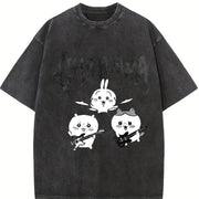 Heavy Metal Chiikawa Usagi Hachiware Hip Hop Festive vintage washed oversized T-shirt in Black