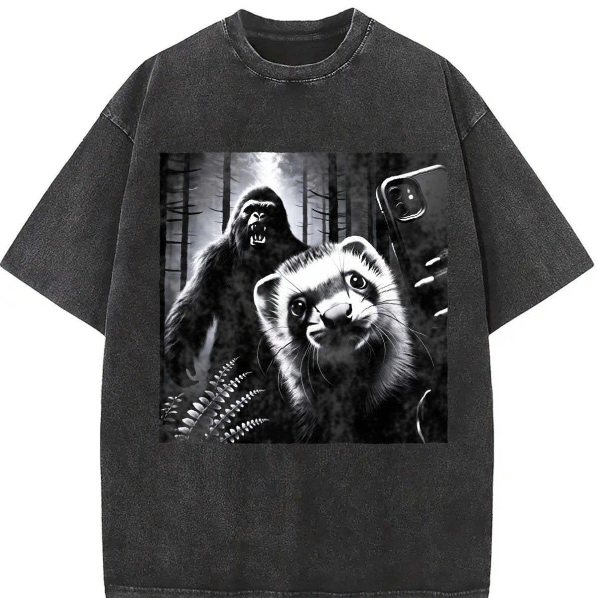 Retro Ferret Selfie with Bigfoot 90s Vintage Washed T-Shirt in Black
