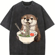 Otter Ramen Retro Otter Eating Noodles Vintage Washed T-Shirt in Black