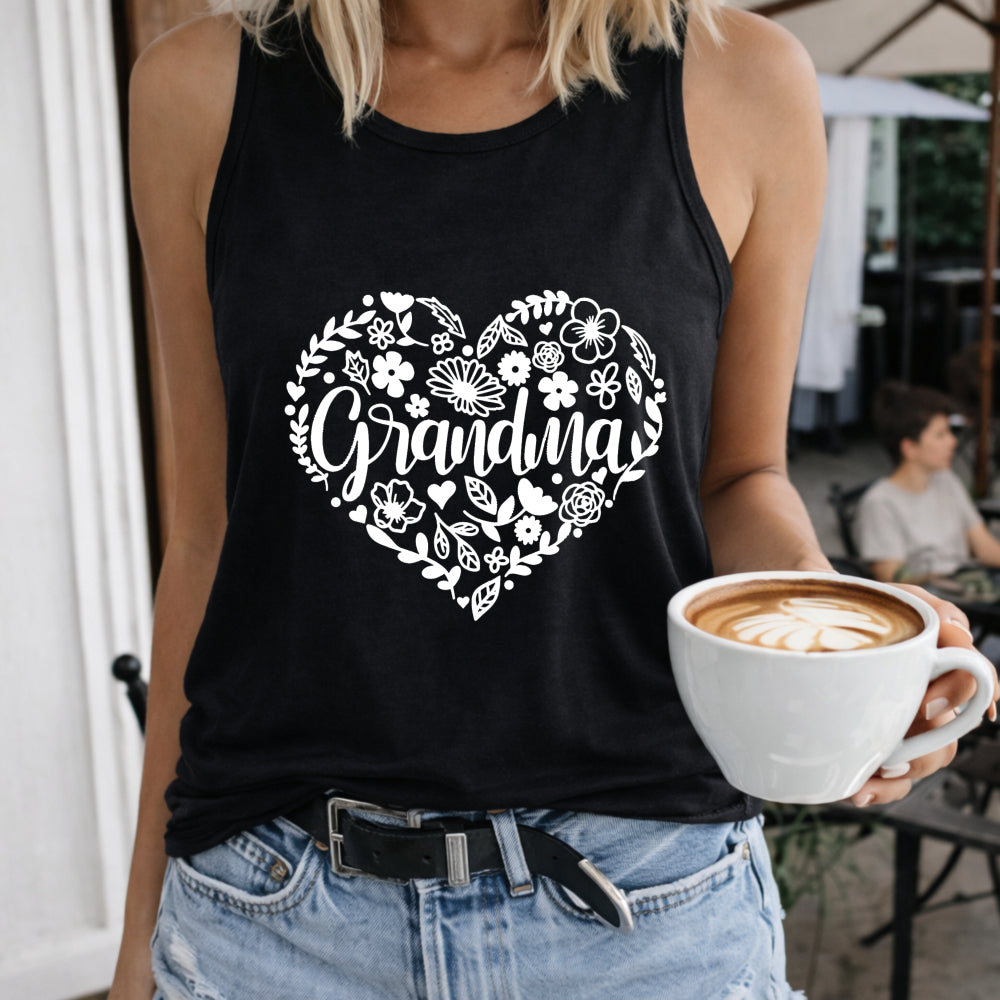 Grandma Floral Heart Women's Color Cotton Tank Top in Black