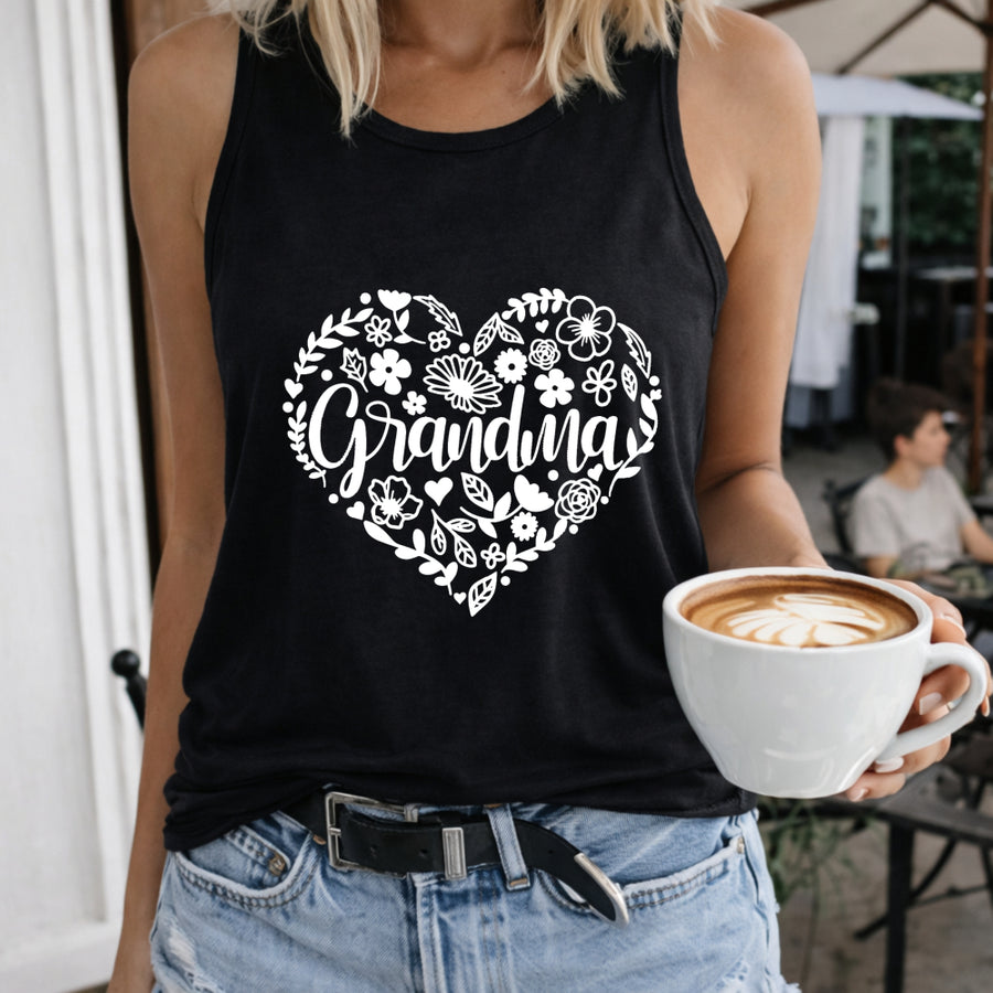 Heart Floral Grandma Crew-neck Sleeveless Vest Outdoor Women's Color Cotton Tank Top in Black