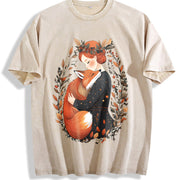 Bohemian Fox Mom Warm Hug One-piece Vintage Washed T-Shirt in Beige