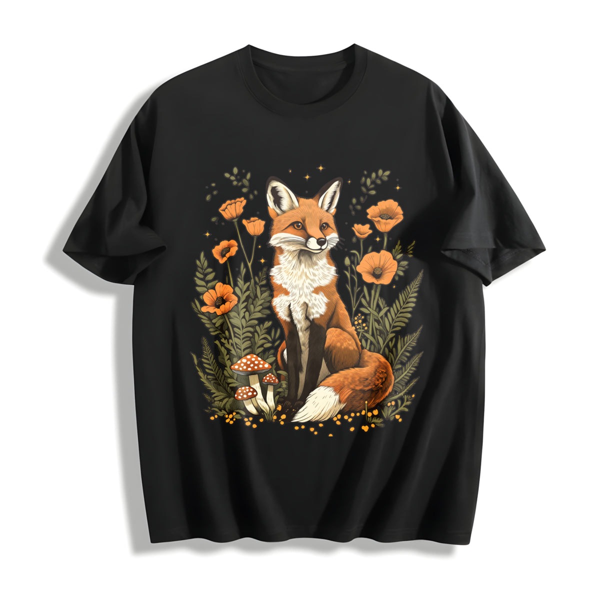 Autumn Fox and Falling Leaves Cotton T-Shirt in Black