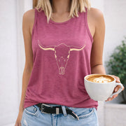 2025 Western Bull Skull Button V-neck Vest Women's Color Cotton Tank Top in Red