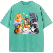 Retro Kitten 90s Cute Cats Boho Floral Cat Butterfly vintage washed oversized T-shirt in Blue