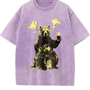 Retro Bear Moose Drinking Beer 90s Vintage Washed T-Shirt in Purple