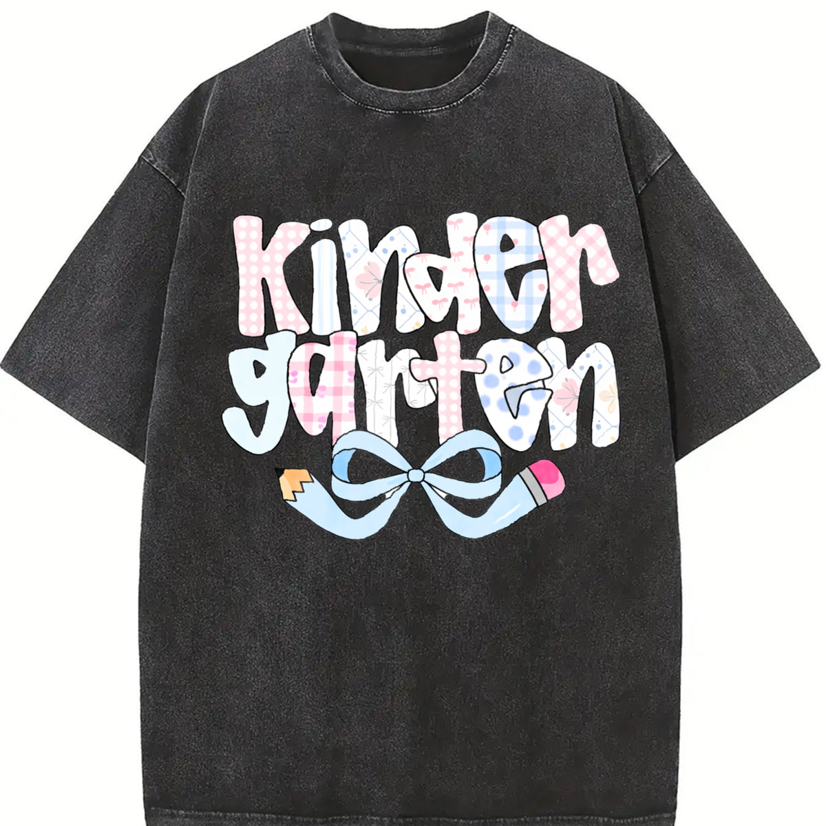 Preppy Kindergarten Teacher Coquette Teacher Pencil Bow Vintage Washed T-Shirt in Black