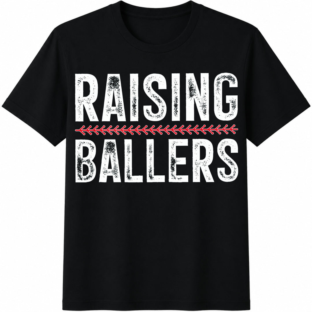 Baseball Mom Raising Ballers Mama Baseball Season Softball Cotton T-Shirt in Black