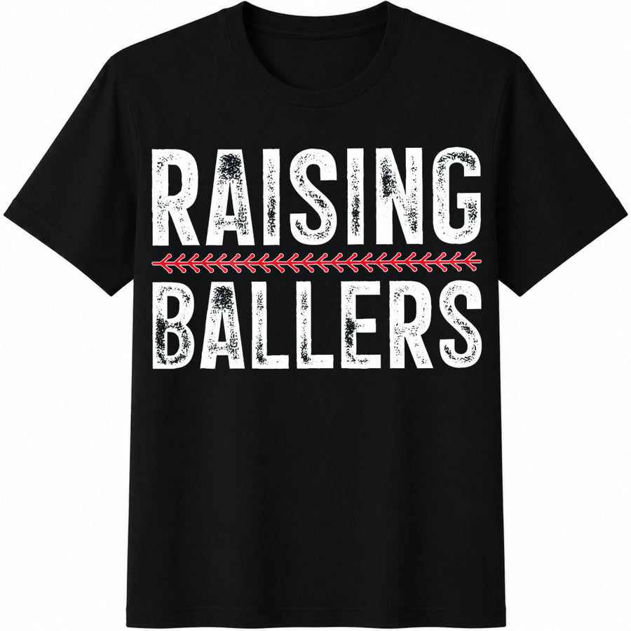 Baseball Mom Raising Ballers Mama Baseball Season Softball Cotton T-Shirt in Black
