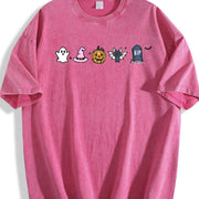 Halloween Icons Embroidered Vintage Washed T-Shirt in Red