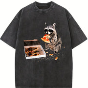Raccoon Eating Pizza 90s Vintage Washed T-Shirt in Black